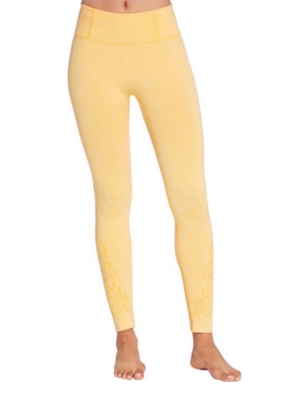 CALIA by Carrie Underwood Yellow High-Waist Leggings Floral Detail Size Med